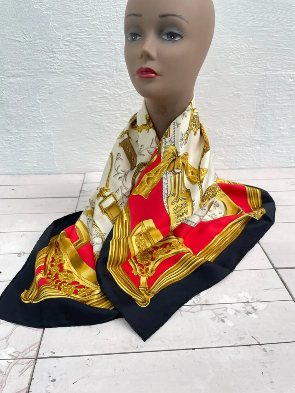 Hermes Red Black Cream Silk Scarf with Gold Equestrian Motifs - Picture 3 of 13